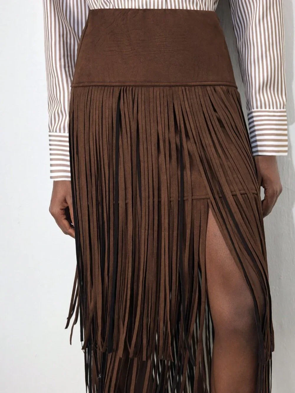 Brown Casual Women's Mid-Waist Fringe Tassel A-Line Skirt